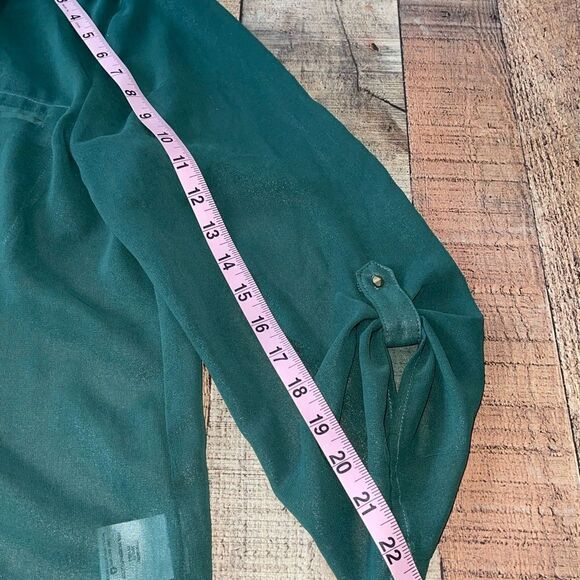 METAPHOR hunter Green Sheer Tab Sleeve Button Front Blouse - Picture 12 of 13